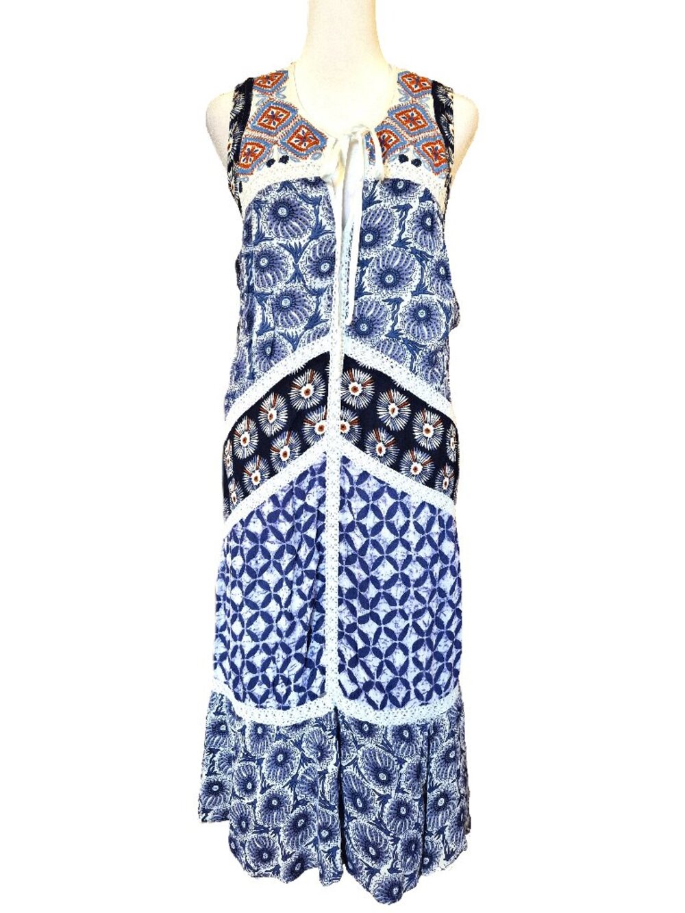 Chelsea & Theodore Blue Mixed Print Dress Lace Embroidered Midi Boho Chic Size L
